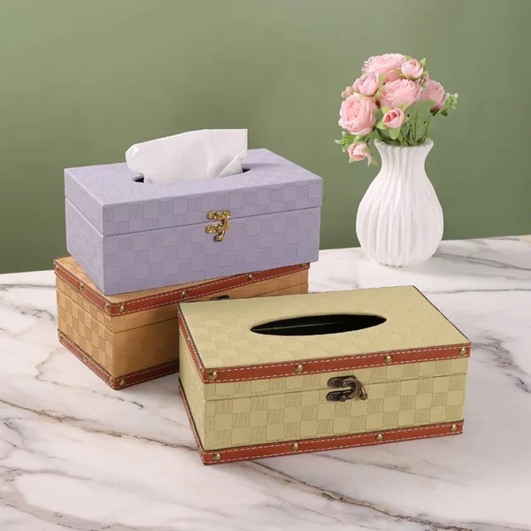 PU Leather & Wood Combination Tissue Box Cover - 25*9.5cm, 0.56kg - Premium Design - OPP Bag
