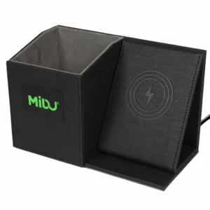 Popular pu leather pen holder with light up logo and wireless charger