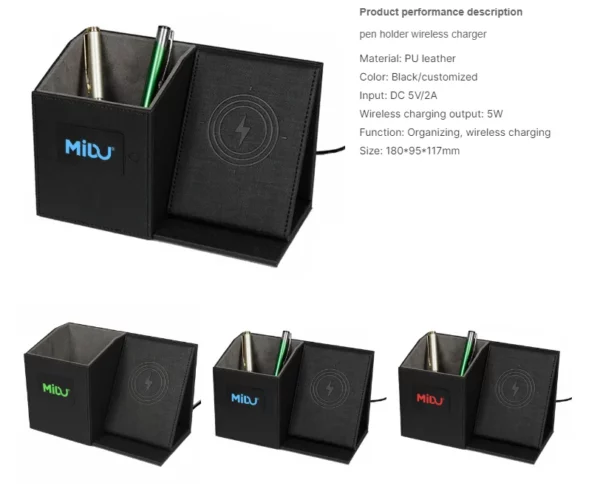 Popular pu leather pen holder with light up logo and wireless charger - Image 2
