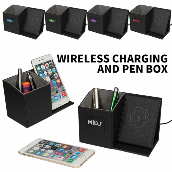 Popular pu leather pen holder with light up logo and wireless charger - Image 4