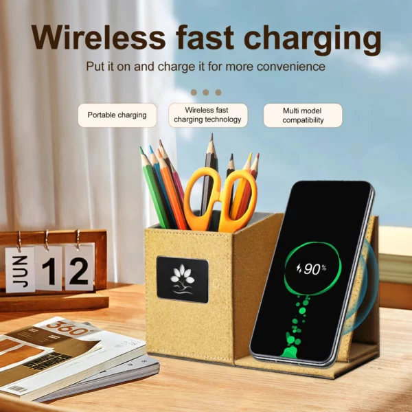 Popular pu leather pen holder with light up logo and wireless charger - Image 2