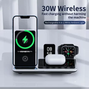 Time Display Wireless Charger With Type-C Cable 4 in 1 Multifunctional Wireless Charging Bracket for Phone Earphone and SmartWatch