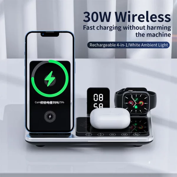 Time Display Wireless Charger With Type-C Cable 4 in 1 Multifunctional Wireless Charging Bracket for Phone Earphone and SmartWatch