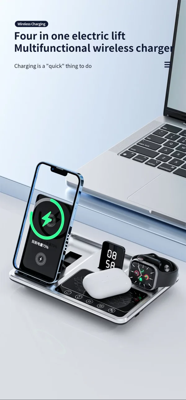 Time Display Wireless Charger With Type-C Cable 4 in 1 Multifunctional Wireless Charging Bracket for Phone Earphone and SmartWatch - Image 2