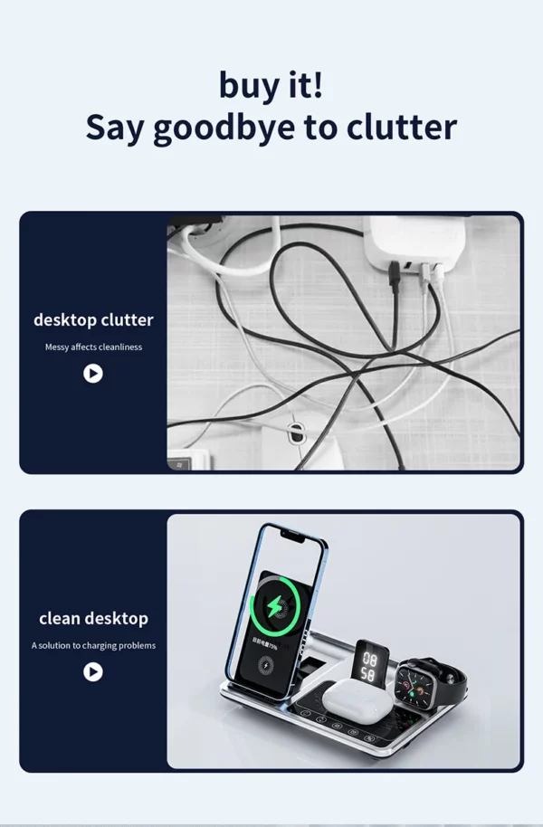 Time Display Wireless Charger With Type-C Cable 4 in 1 Multifunctional Wireless Charging Bracket for Phone Earphone and SmartWatch - Image 4