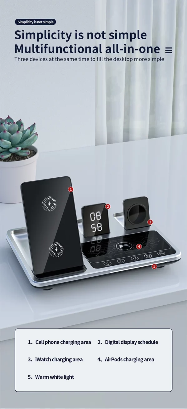 Time Display Wireless Charger With Type-C Cable 4 in 1 Multifunctional Wireless Charging Bracket for Phone Earphone and SmartWatch - Image 5