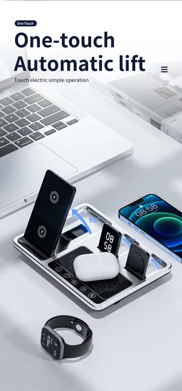 Time Display Wireless Charger With Type-C Cable 4 in 1 Multifunctional Wireless Charging Bracket for Phone Earphone and SmartWatch - Image 8