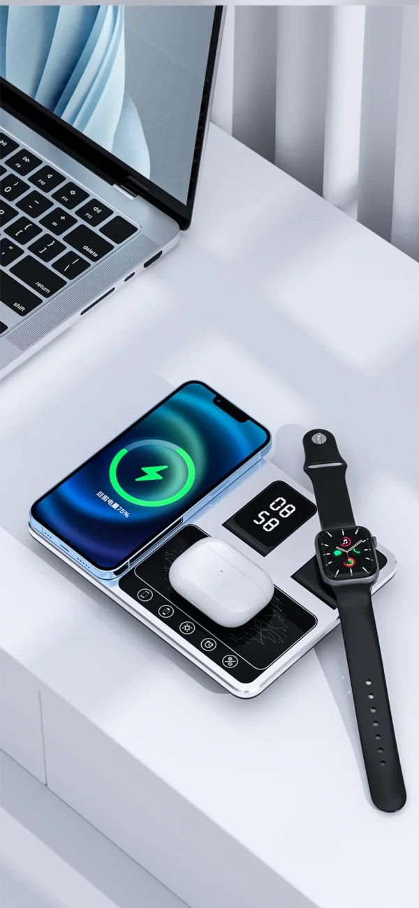 Time Display Wireless Charger With Type-C Cable 4 in 1 Multifunctional Wireless Charging Bracket for Phone Earphone and SmartWatch - Image 9