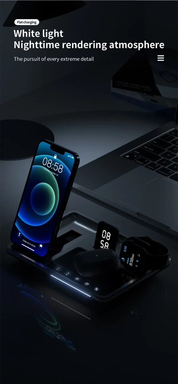 Time Display Wireless Charger With Type-C Cable 4 in 1 Multifunctional Wireless Charging Bracket for Phone Earphone and SmartWatch - Image 10