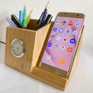 Wood wireless charger pen holder with clock