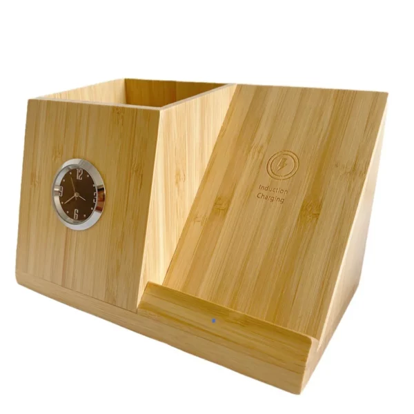 Wood wireless charger pen holder with clock - Image 2