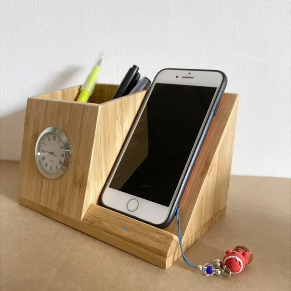Wood wireless charger pen holder with clock - Image 3