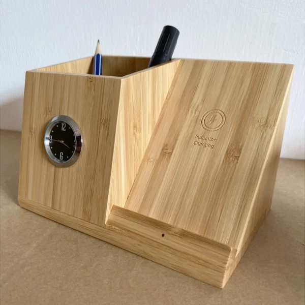 Wood wireless charger pen holder with clock - Image 4
