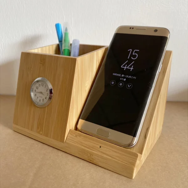 Wood wireless charger pen holder with clock - Image 5