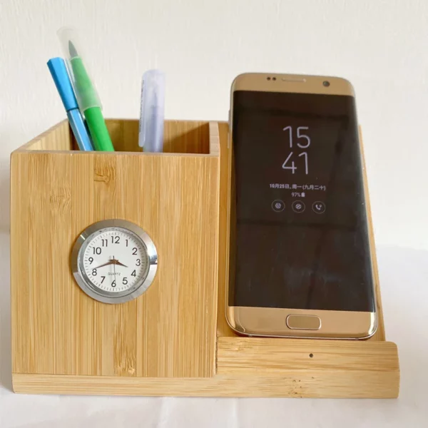 Wood wireless charger pen holder with clock - Image 7