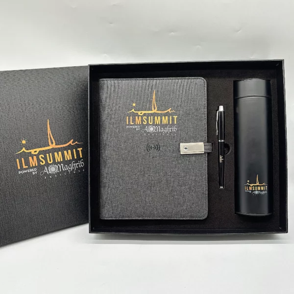 Executive Power Bank Notebook (8000mAh, 5W Wireless Charger, 16GB USB), Metal Pen & Stainless Steel Bottle Gift Set