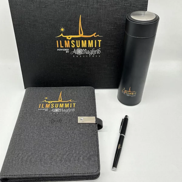 Executive Power Bank Notebook (8000mAh, 5W Wireless Charger, 16GB USB), Metal Pen & Stainless Steel Bottle Gift Set - Image 4