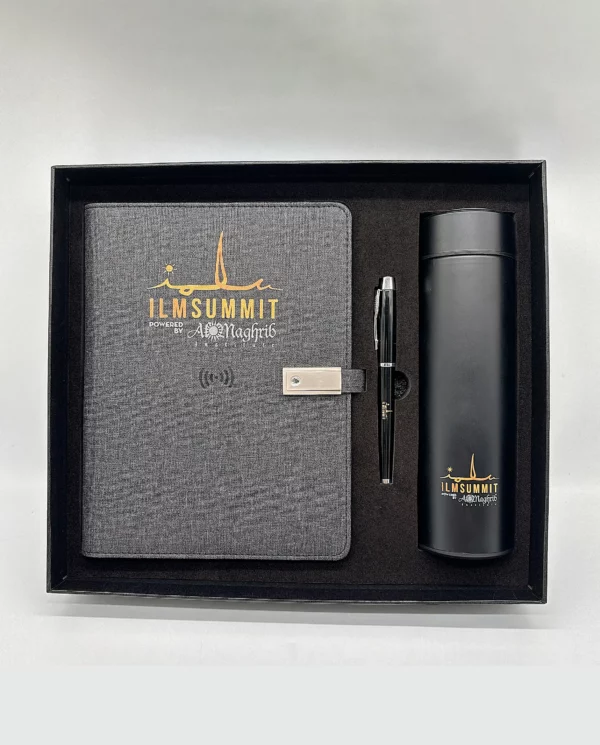 Executive Power Bank Notebook (8000mAh, 5W Wireless Charger, 16GB USB), Metal Pen & Stainless Steel Bottle Gift Set - Image 2