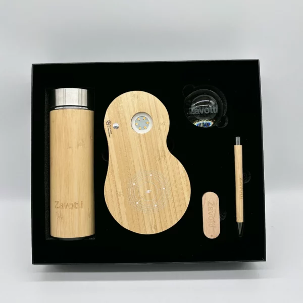 Luxury Wood Smart Bottle (Temp Display), 3D Logo Wireless Charger, U flash drive & Pen Executive Gift Set with Box & Bag (Copy) - Image 2